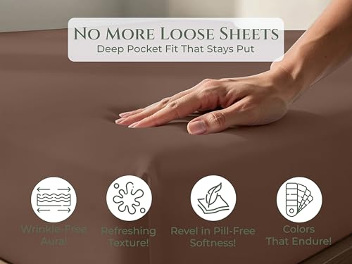 Image of Royale Linens 100% Organic Cotton Full Fitted Sheet Only - Percale Weave - Super Soft Deep Pocket Bottom Sheets - Chocolate Elastic Sheet - Full Size Fitted Sheets Only - (54 inchx75 inch+15 inch, Chocolate)