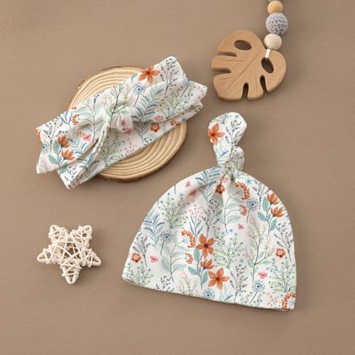 Image of Newborn Swaddle Set with Matching Hat and Bow Set, Floral Baby Girl Newborn Receiving Blankets Baby Swaddle Nursery Wildflower Baby Blanket, Wooden Birth Announcement Card