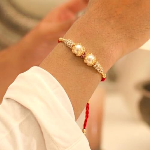 Image of Peora CZ Pearl & Crystals Studded Thread Rakhi for Brother Bhaiya | Combo Set of 3 | Raksha Bandhan Hamper with Roli Chawal & Greeting Card