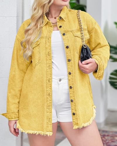 Women's Oversized Denim Jacket Casual Button Up Frayed Hem Shacket Long Sleeve Jean Jacket Fall Outfits4