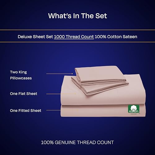 California Design Den King Sheets Deep Pocket Set - Luxury 1000 Thread Count Sateen, Thick and Natural 100% Cotton King Sheet Set, Soft, Breathable and Durable Bedding - Sepia Rose