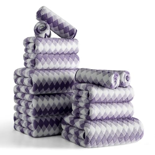 12 Pcs Purple White Diamond Towel Set-4 Bath Towels 4 Hand Towels 4 Washcloths Soft Polyester Bath Sheet with Loop Absorbent Shower Towel Quick Dry Beach Chair Towel Family Towels for Bathroom Spa Gym