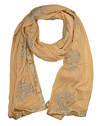 Image of Youthquake Golden Embroidered Work Chiffon Dupatta For Womens & Girls With 4 Side Gold Lace