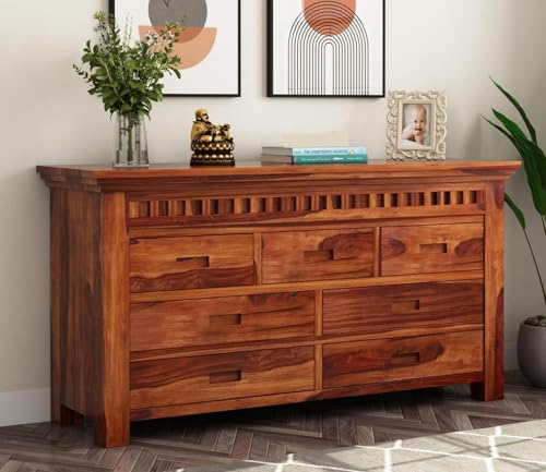 Image of Solid Sheesham Wood Wooden Chest of Drawers with 7 Drawer Storage - Multipurpose Storage Dresser Cabinet Rack for Bedroom Home Living Room (Jerry)