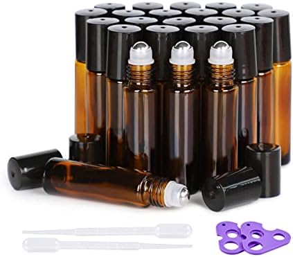 Essential Oil Roller Bottles, 24 Pack Hoa Kinh 10ml Empty Glass Amber Roller Bottles UV Protection with Stainless Steel Balls