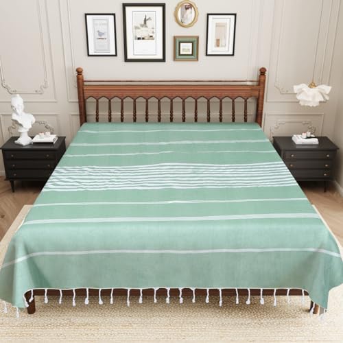Image of Handmade Double Bedsheet 210 TC | Without Pillow Cover | Handloom Cotton Bedsheets for Double Bed | Double Bedsheet for Summer (Size 90X100 Inches, 7.5 x 8.3 Feet (Sea Green, Double Bed)