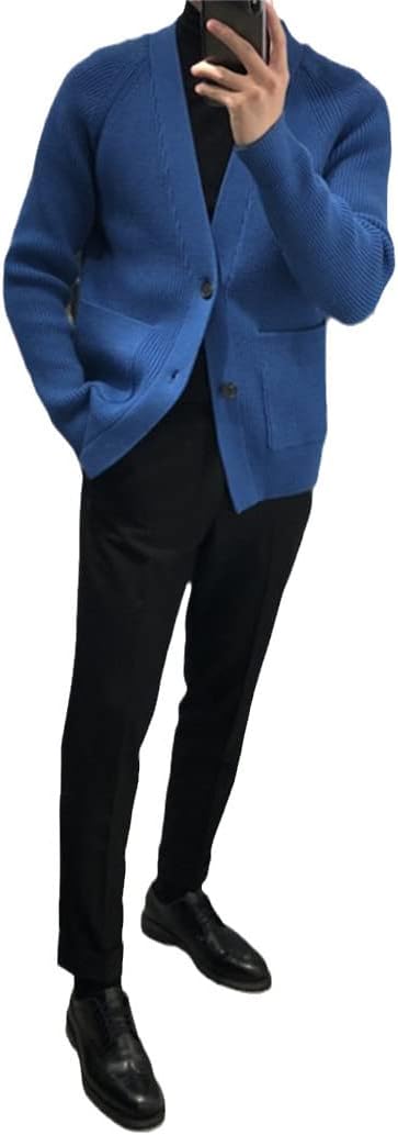 KEHAIOO Winter Knit Cardigan Sweater Mens Business Casual Sweatercoat Solid V-Neck Single Breasted Pocket Sweaters