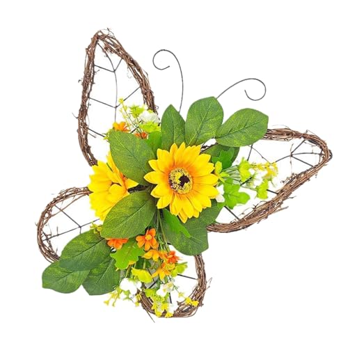 MISNODE Butterfly Shaped Wreath, Floral Artificial Wreaths for Front Door Wall Window, Spring Wreath with Green Leaves and Yellow Flowers, Summer Wreath for Party Holiday Home(Green)