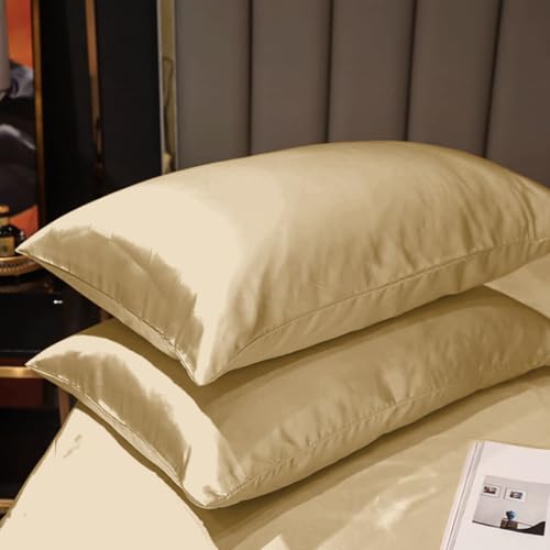 Image of Soft and Silk Satin Bedsheet for Single Bed - 400 TC Romantic Bedsheet Set for Bedroom | Bridal Wedding Bedsheet with Pillow Cover | Ideal for Gifting Beige, Single Bed