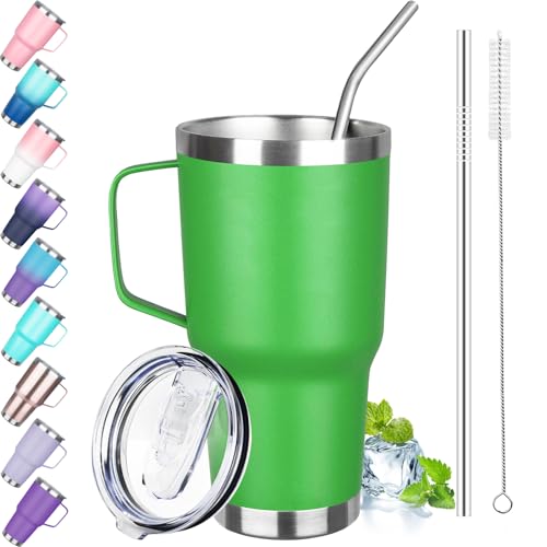 Image of 30 oz Tumbler with Handle, Stainless Steel Insulated Tumbler with Lid and Straw, Double Wall Vacuum Coffee Mug Tumbler, Insulated Coffee Thermal Cup for Cold and Hot (Fruit Green)