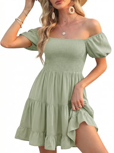 Image of Veatzaer Women's Puff Sleeve Square Neck Smocked Babydoll Dress Boho Floral Print Off Shoulder Ruffle Mini Short Dress
