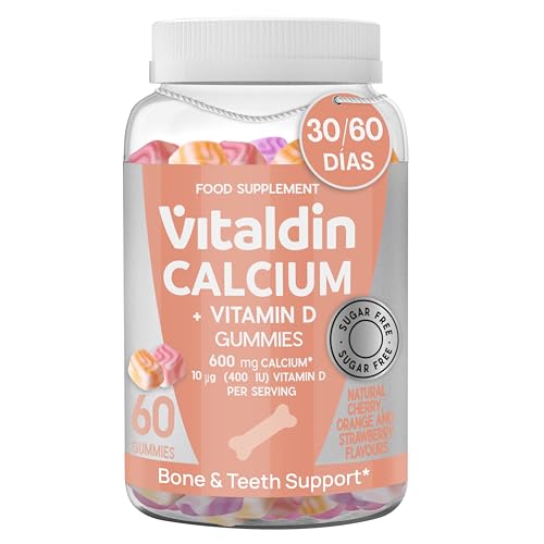 VITALDIN Calcio y Vitamina D3 Gominolas - Adultos y Niños - SIN AZÚCAR - Apoyo a Huesos, Dientes y Músculos - Sin Aditivos - Sin Gluten - 60 gominolas (1 mes) - Sabor Natural a Fresa, Naranja y Cereza