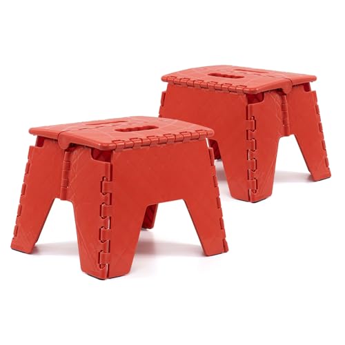 The Secret Home - Pack de 2 Taburetes Plegables Multiusos - Escalera Antideslizante de PVC - Altillo para Cocina, Baño o Dormitorio (Rojo, 25x21x21)