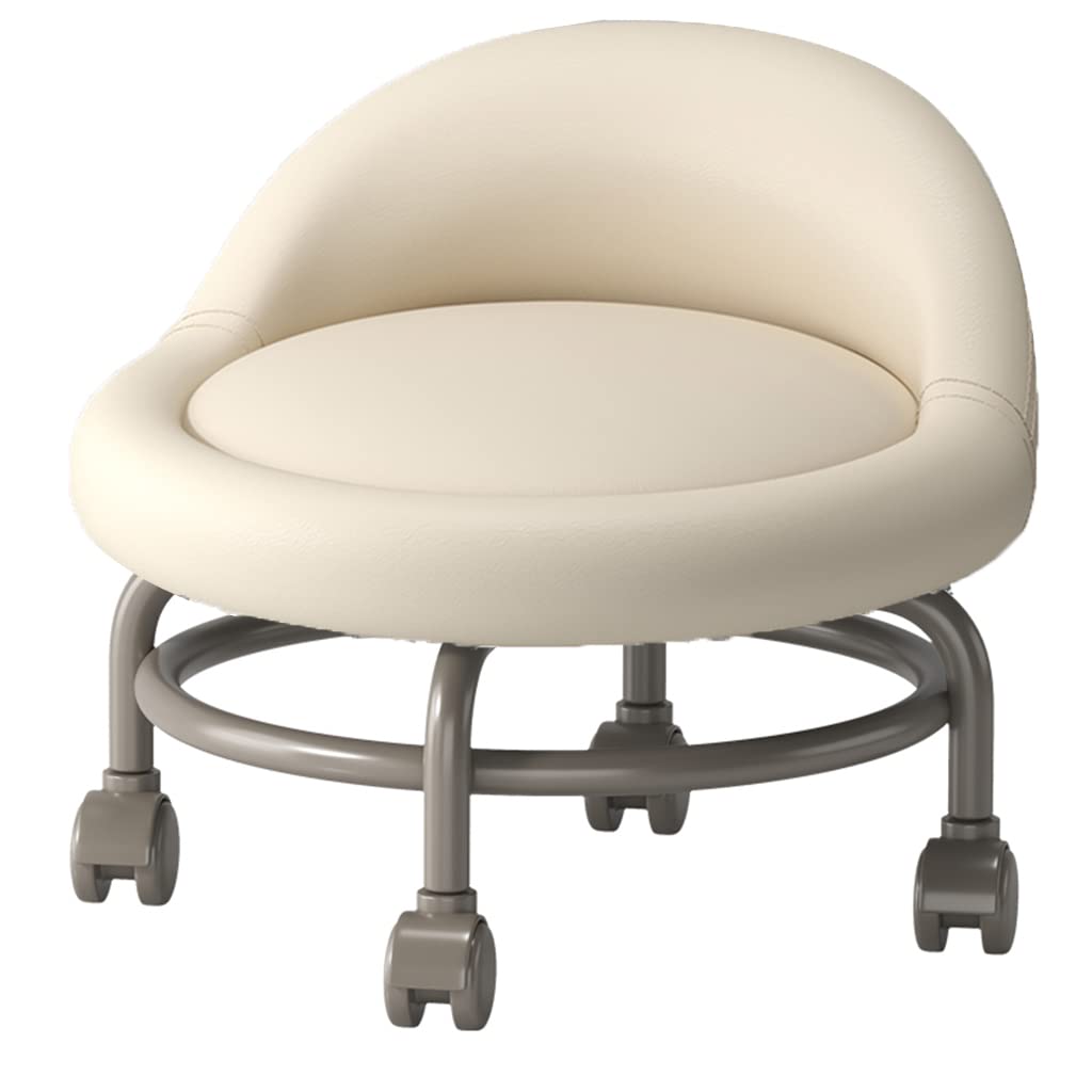 LMMIAOZ Rolling Stool with Back and Wheels Short Ottoman Footstool Seat with Swivel Caster Wheels PU Leather White Portable and Comfortable Footrest for Home or Office