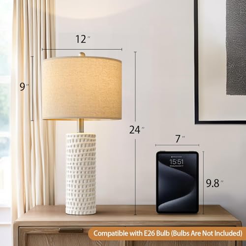 PORTRES 24" Farmhouse Ceramic Table Lamp Set of 2 for Bedroom Living Room White Desk Decor Bedside Lamps for Study Room Office Dorm Modern Accent Nightstand Lamp End Table Lamps - Image 4