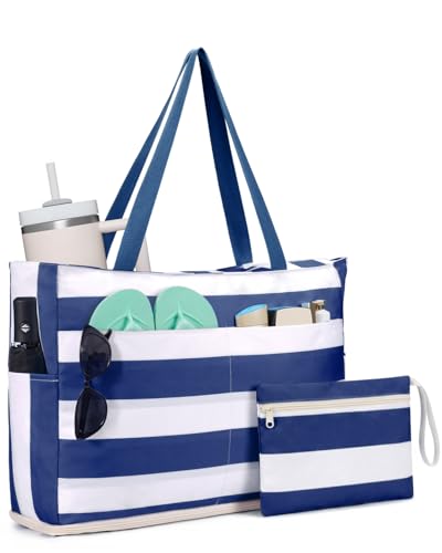 Image of WANDF Beach Bags for Women, Large Waterproof Sandproof Beach Tote Bag with Zipper Family Pool Bags with 40oz Tumbler Pocket, Swim Cruise Vacation Essentials (Navy Blue)