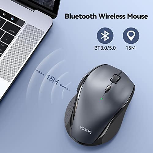 VOXON 3200DPI Bluetooth Mouse,High Definition Full Size Wireless Mouse For Large Sized Hands,24 Month Battery Life With Battery Indicator,Side Buttons,Any Surface Tracking (Grey)