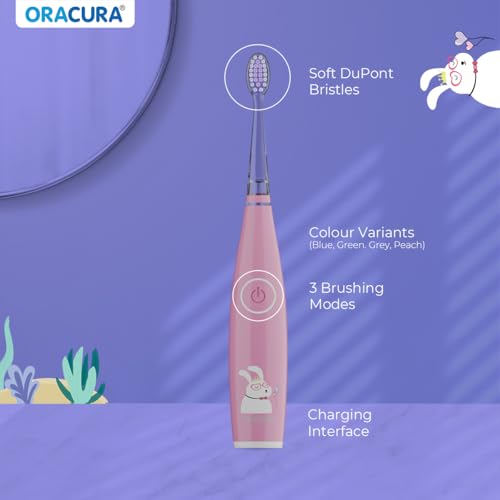 Image of ORACURA KSB200 Kids Sonic Electric Rechargeable Toothbrush, 3-10 Years, 24,000 strokes /min, With 3 Modes, IPX7 Waterproof, Smart 2-Min Timer, Rechargeable Lithium Battery, LED & Colorful Lights (Pink)