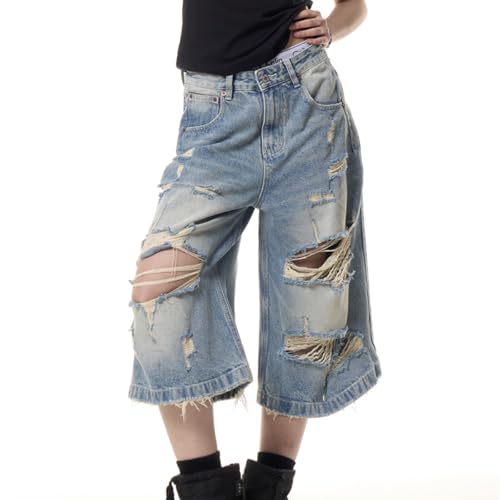 Y2K Fashion High Waisted Straight Leg Jeans Casual Streetwear Ripped Fringe Baggy Washed Denim Pants3