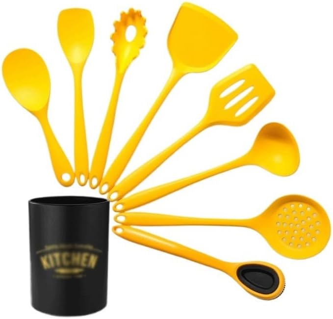 Yellow Fully Covered Silicone Kitchen Tools Home Cooking Spatula Stir Frying with Storage Bucket
