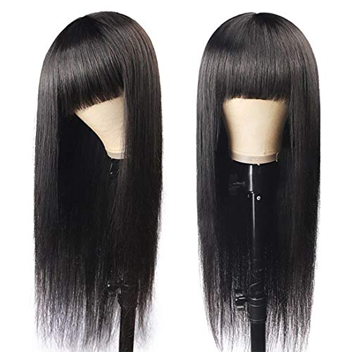 ANDRIA Long Straight Hair Wigs With Bangs Synthetic Long Natural Black Hair Wig Heat Resistant Fiber Hair Daily and Cosplay Wear Full Wig For Women 24 Inches Wig