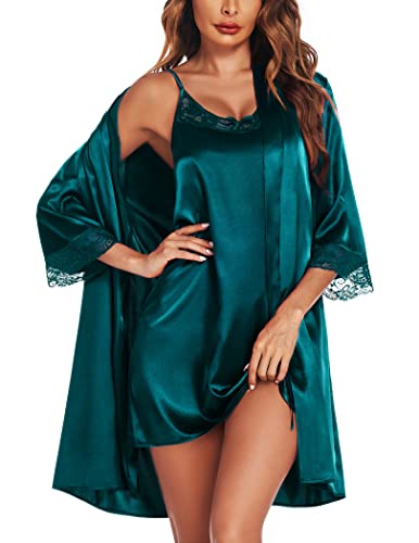 Ekouaer Silk Robes Set for Women Sexy Satin Cami Nightgowns 3/4 Sleeve 2 Piece Cami Sleepwear Bridesmaid Robes, Dark Green M