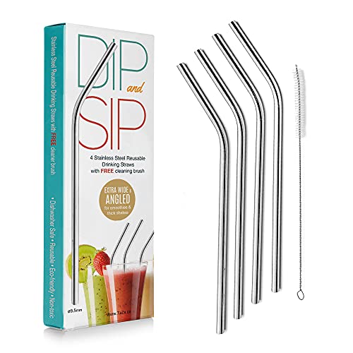 Dip and Sip Wide Bent Metal Straws for Thick Drinks & Smoothies | Stainless Steel Reusable Drinking Straws With Cleaning Brush Free | Pack of 4 (9.5mm Curved)