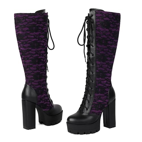 BEAUPAS Women's Lace Knee High Platform Boots Chunky Block Heel Gothic Lace-Up Combat Boots2