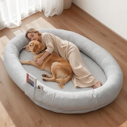 VEVOR Hundebett für Menschen & Hunde 178x120x24 cm Memory-Schaum-Hundebett in Menschengröße mit Seitentasche Griff & Reißverschluss Abnehmbarer maschinenwaschbarer Bezug Kurzflor Grau