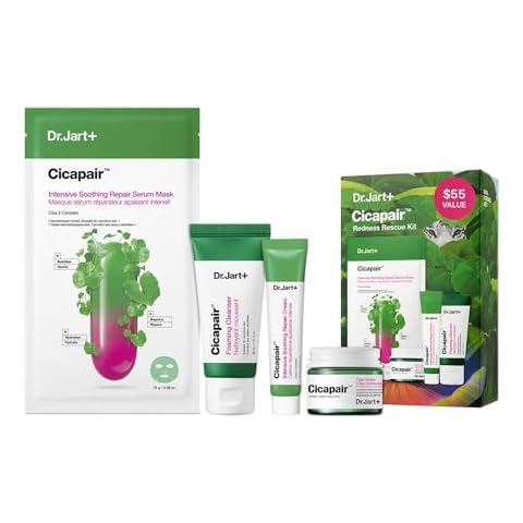 Dr.Jart+ Cicapair Redness Rescue Korean Skin Care Set, Travel Size Value Gift Set with Cicapair Color Correcting Cream, Face Wash, Cream Moisturizer, and Face Mask Cover