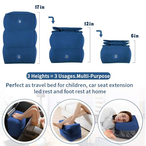 Image of Inflatable Travel Foot Rest Pillow - 3-Layer Adjustable Height Leg Rest for Airplane, Car, Office & Toddler Flight Seat Extender - Soft Flocked PVC, Portable with Pump & Dust Bag (Pack of 2, Blue)