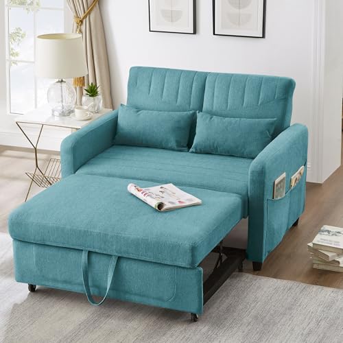 TIZZ [Sofá cama con función de dormir] Sofá plegable de dos plazas, diseño simple y moderno, estilo contemporáneo, respaldo ajustable en tres niveles, tela de lino de algodón transpirable