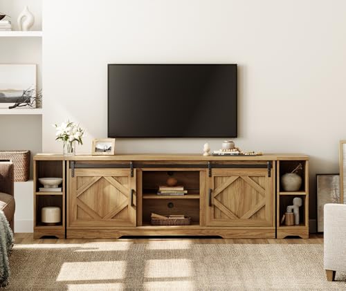 Image of WAMPAT Farmhouse TV Stand for 85-95 inch TV with Distressed Wood Finish