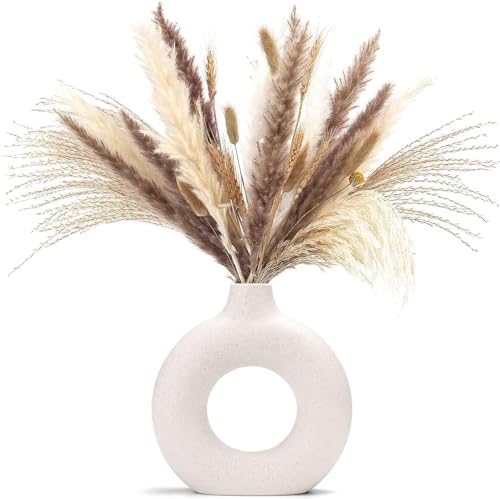 Image of White Donut Vase Hollow Ceramic Vase for Flowers Handmade Minimalist Style Modern Home Decor Round Shape Table Party Living Room Office Bedroom (6 inch Large)