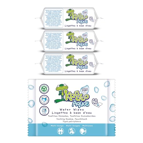 Kandoo Aquas 99% Water Based Flushable Moist Toilet Wipes, 4 x 60 Wipes (Total 240), Biodegradable, Plastic Free, Wet Toilet Tissues for Toddlers, 0% Perfume, Multipack