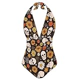 ELEDIZI Gothic Skull Swimsuits for Women Plus Size One Piece Swimsuit for Women High Waisted Tummy Control Bathing Suits for Women Deep V Neck Halter Swimwear for Women Beach Party,Vacation,Size L