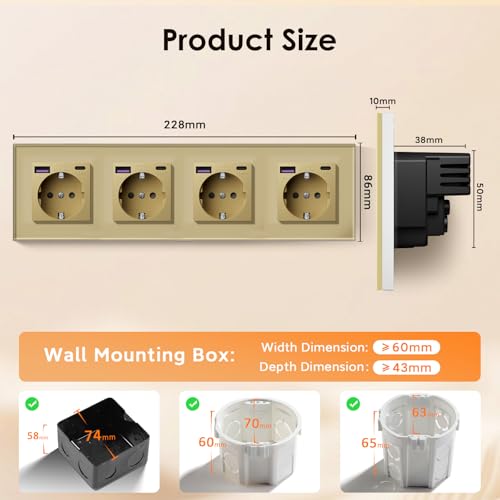 BSEED Schuko Steckdose mit USB C 20W Schnellladeger&auml;t USB Type C Wandsteckdose mit Glas Panel, 4 Fach Steckdose, USB Steckdose Unterputz, Einbausteckdose Geeignet f&uuml;r Phone, Pad, MP3 und mehr-Gold