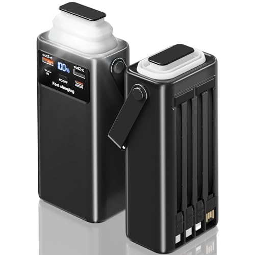 60000mA Power Bank large capacity with 4 cable and Scalable lamp, 40W fast charging external battery USB-C 7 outputs and 2 inputs LED display Power Bank compatible with Samsung iPad Android etc