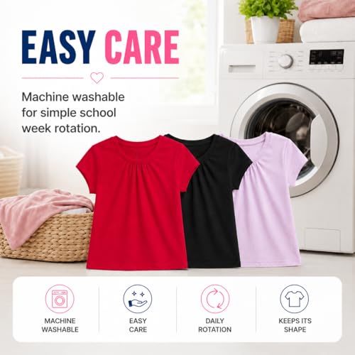Image of Bienzoe Plain Solid Girls T-Shirts: School Basic Tee 3-Pack | Short Sleeve, Ages 4-13, PE, Recess, Outdoor Play, Soft Cotton Blend, Breathable Quick-Dry, Easy Care, Easy to Mix and Match