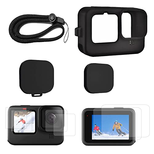 TEKCAM Silicone Sleeve Case Compatible with GoPro Hero 12 11 10 9, Tempered Glass Screen and Lens Protector Sets + 2 Lens Caps, Rubber Case Lanyard, Black