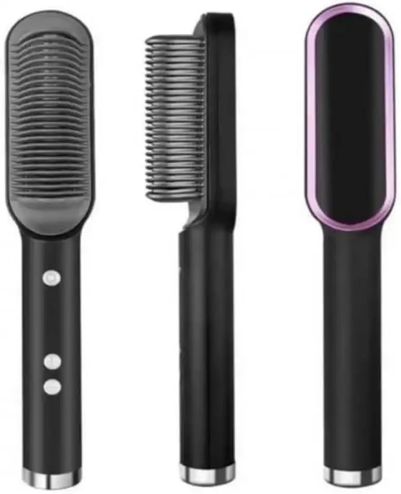 Escova Profissional |Elétrica 3 em 1 Bivolt |Seca, Alisa e Modela com |Íons e Brilho Cacheados e|Crespos Pente| Anti Frizz Potente Premium 200° Graus |Escova Multifuncional(Preto)!