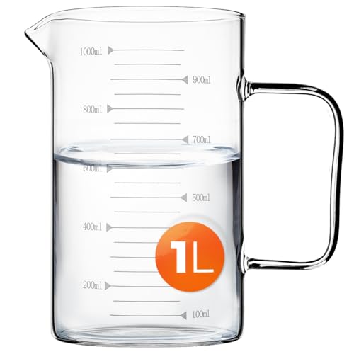 KADAX Messkrug 1L aus Glas Messbecher aus hitzebeständigem Borosilikatglas Glasmessbecher mit Ausgießer Griff und gut lesbarer Skala spülmaschinenfest