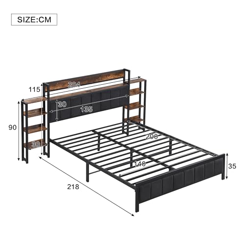 Metallbett Doppelbett 140x200, Bettgestell mit USB-Ladefunktion&Stauraum-Kopfteil, Funktionsbett Jugendbett Bettrahmen Gästebett Familienbett Flachbett, Metall+Velvet, Ohne Matratze, Schwarz+Walnuss – Bild 3