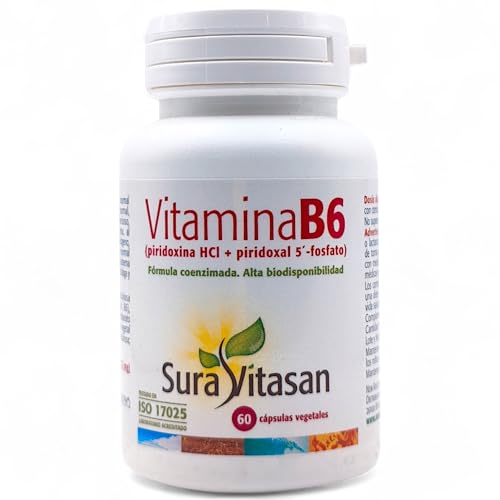 Sura Vitasan Vitamina B6 60 Cápsulas - Con Clorhidrato de Piridoxina y Piridoxal 5'-Fosfato - Sin Gluten - Ayuda a Disminuair el Cansancio y la Fatiga