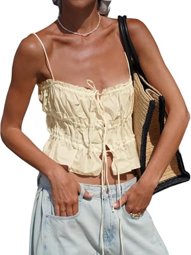 Image of Tankaneo Womens Summer Tie Front Crop Tops Cute Ruffle Ruched Spaghetti Strap Tank Tops Y2K Going Out Shirts