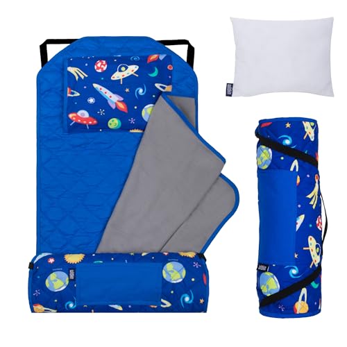 Image of Wildkin Modern Kids Nap Mat with Pillow for Boys & Girls - Cotton Blend, Elastic Straps, Toddler Sleep Mat for Daycare, Preschool, Kindergarten & Travel, Ages 3-7, Machine Washable - Out of This World