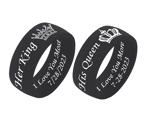 His Queen&Her King Ring Basic and Flat Rubber Silicone Couple Rings Comfortable Silicone Rings Custom Engraved Engagement Gift Wedding Band, Standard US Size 7 to 14