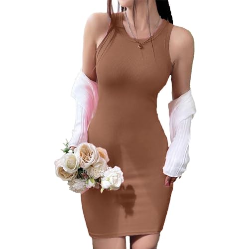 Image of Solid Sleeveless Round Neck Ribbed Western Bodycon Dress For Women