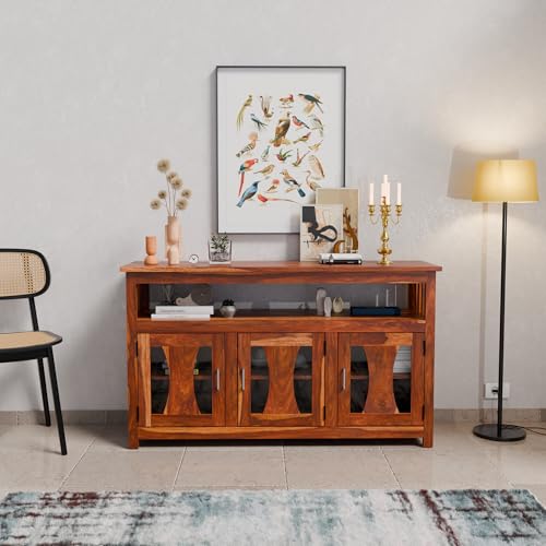Image of WOODY Furniture Solid Sheesham Wood Kitchen Crockery Cabinet for Dining Room | Sideboard Storage Cabinet with Glass Doors, Console Table Buffet Cabinet for Living Room & Kitchen (Honey Finish)