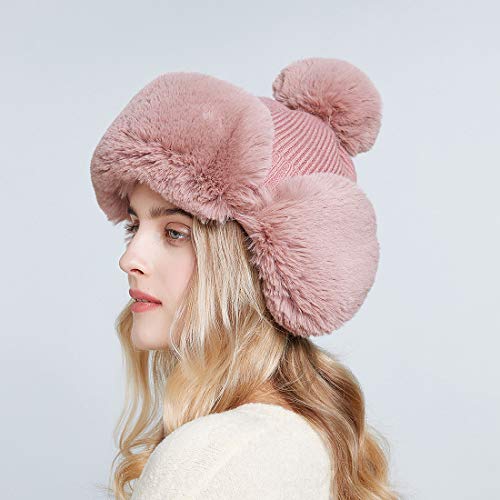 Inblossoms Bomber Hat For Women Winter Warm Knitted Hats With Ear Flap Faux Rabbit Fur Beanie With Pom Pom Pink #TOP6